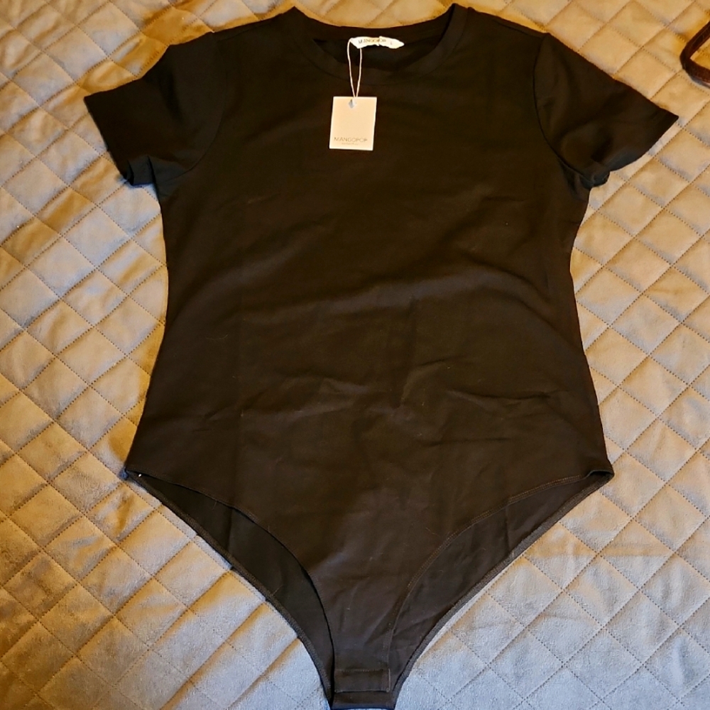 MangoPop Black Bodysuit One Piece ☆ Short Sleeve ☆ Size LG ☆ New With Tags ☆